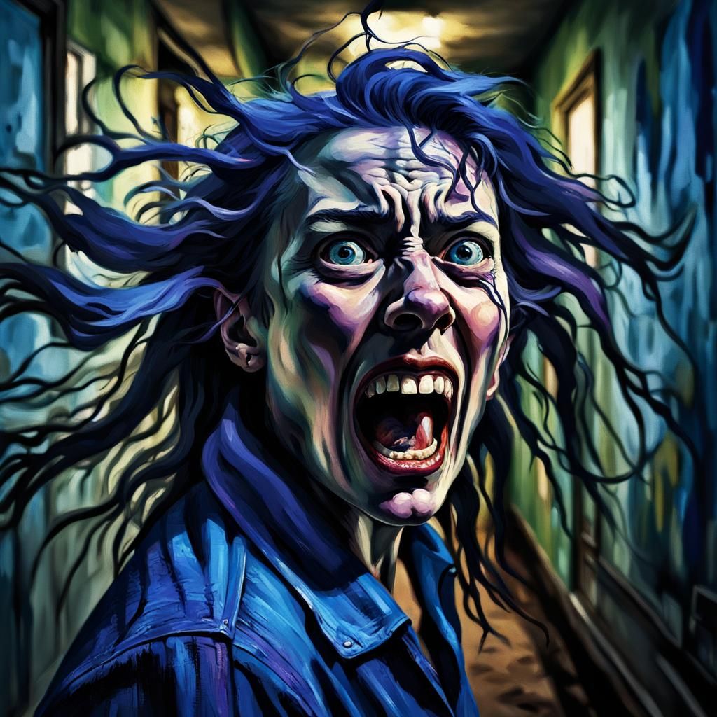 Distressed Woman in a Haunting Asylum Hallway