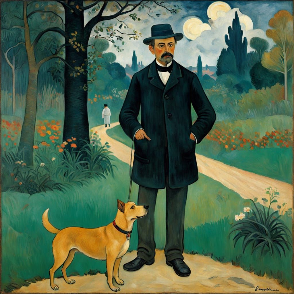 Man and Dog in Exotic Rousseau-Gauguin Style