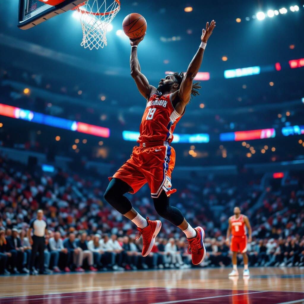 Dynamic Basketball Player Frozen in Mid-Air at Shot Apex