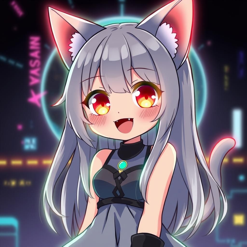 Cyberpunk Catgirl Shines in Synthwave Hues