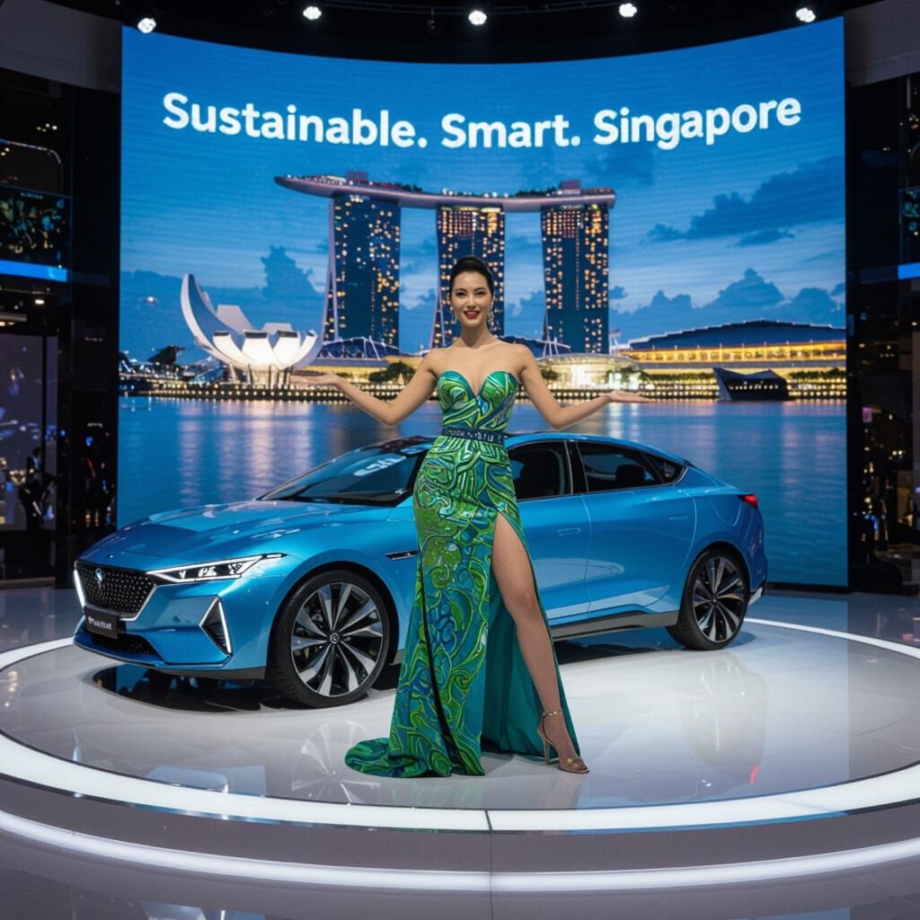 Glamorous Showgirl and Car at Marina Bay Sands, Syd Mead Sty...