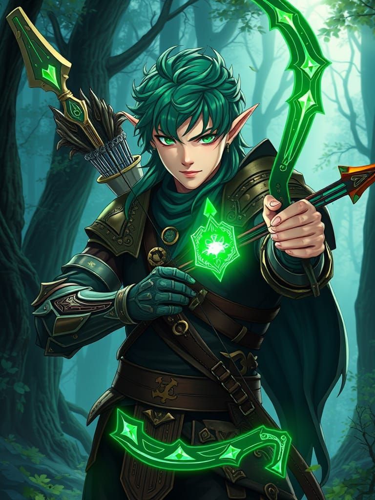 Emerald Celtic Elf Archer in Anime Style