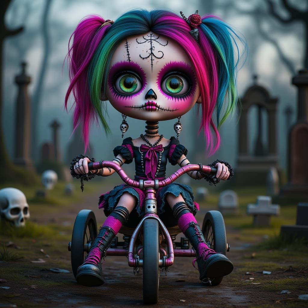 Punk Doll on Toy Bike in Gothic Playground
