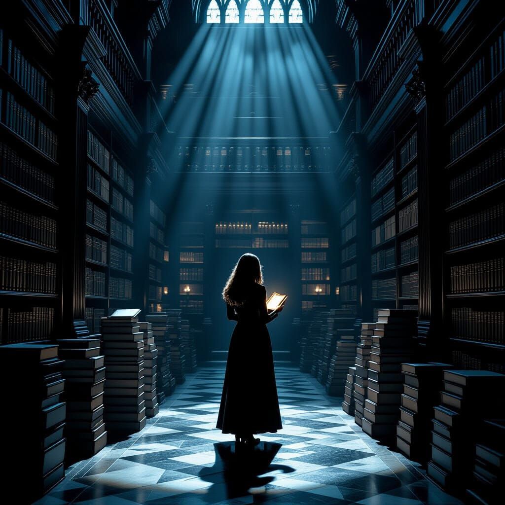Mysterious Artifact in Old Library, Film Noir Style