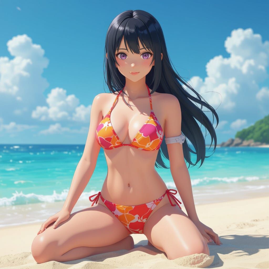 Hinata Hyuga on a Beach in Anime Style