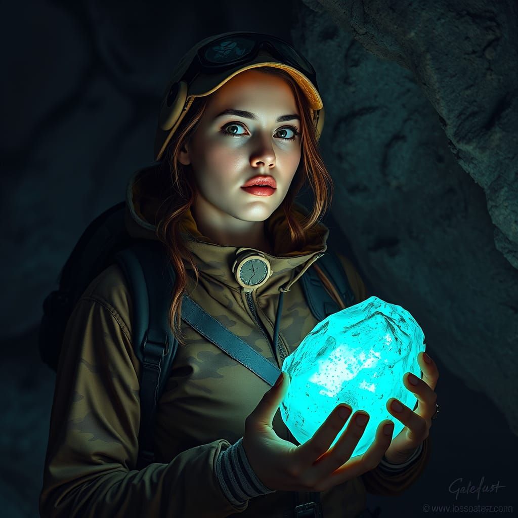 Explorer with Bioluminescent Rock in Realistic Style
