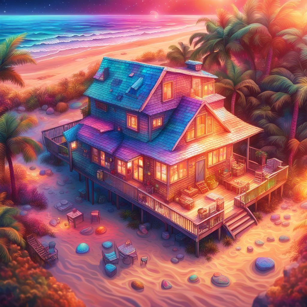 A Vibrant Sunset Beachside Retreat in Cosmic Style