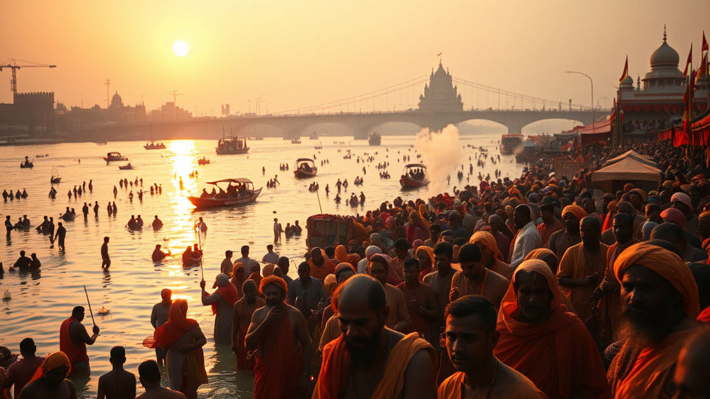 Sweeping Portrait of Kumbh Mela at Prayagraj in Golden Dawn....