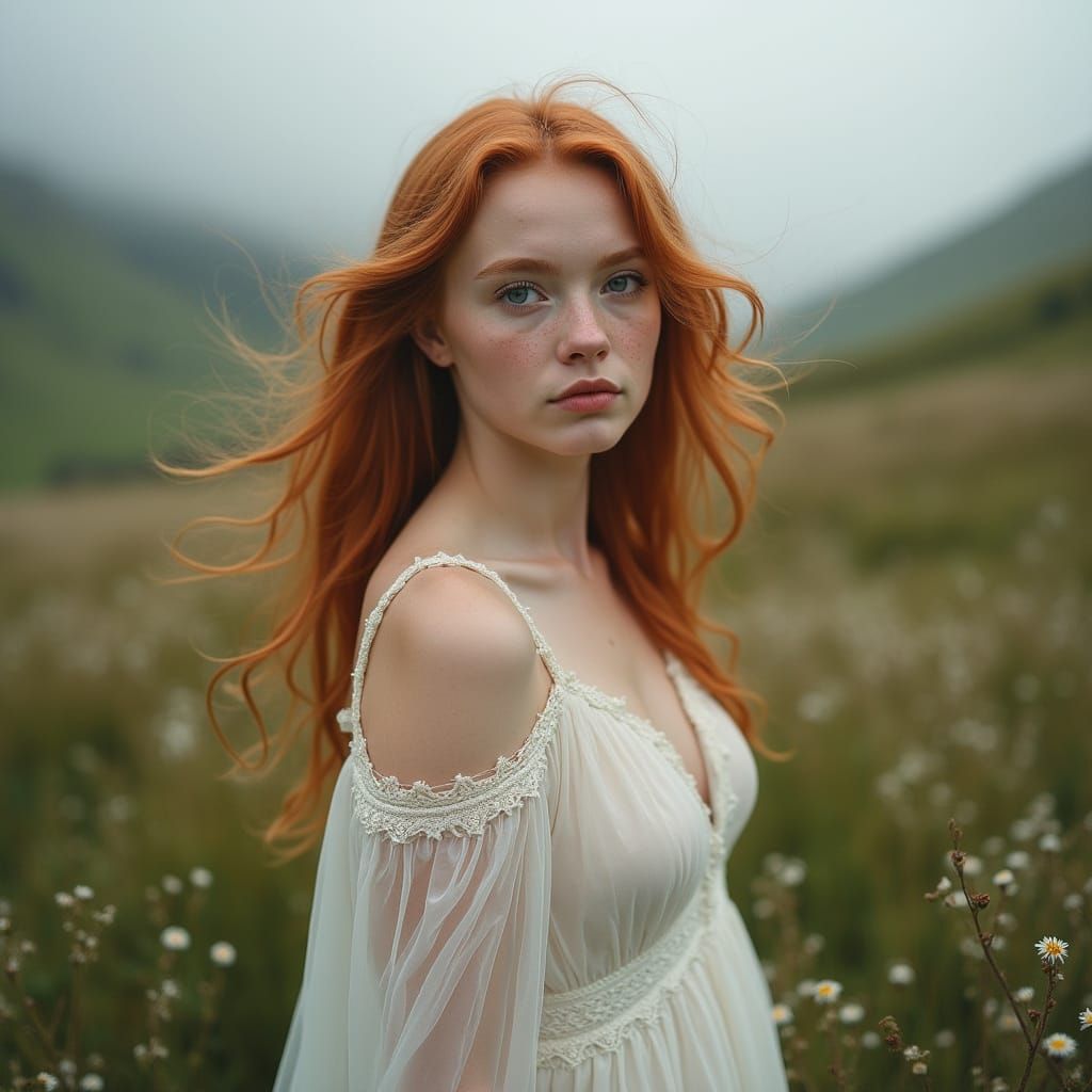 Scottish Glen Serenity: Red-Haired Woman in Ethereal Light