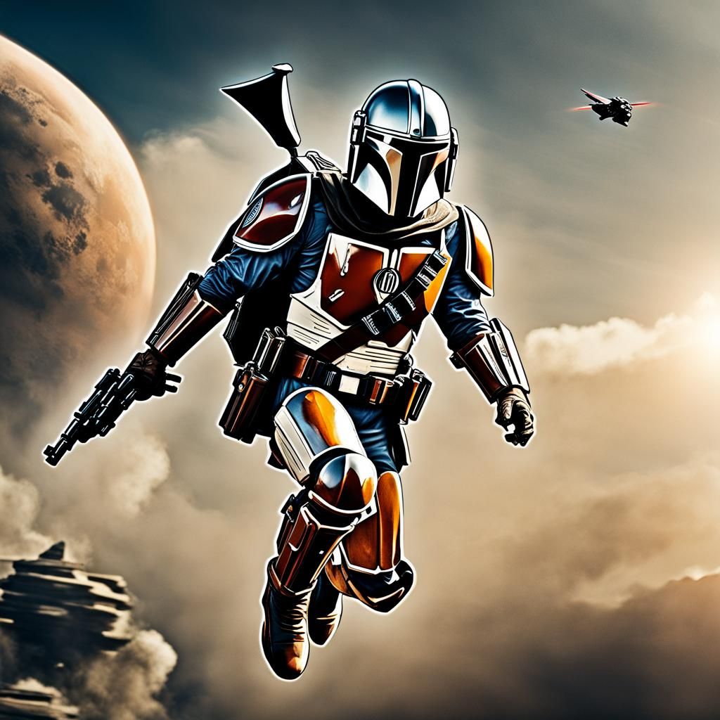 Din Djarin Mandalorian, flying in the air with jetpack, shooting gun