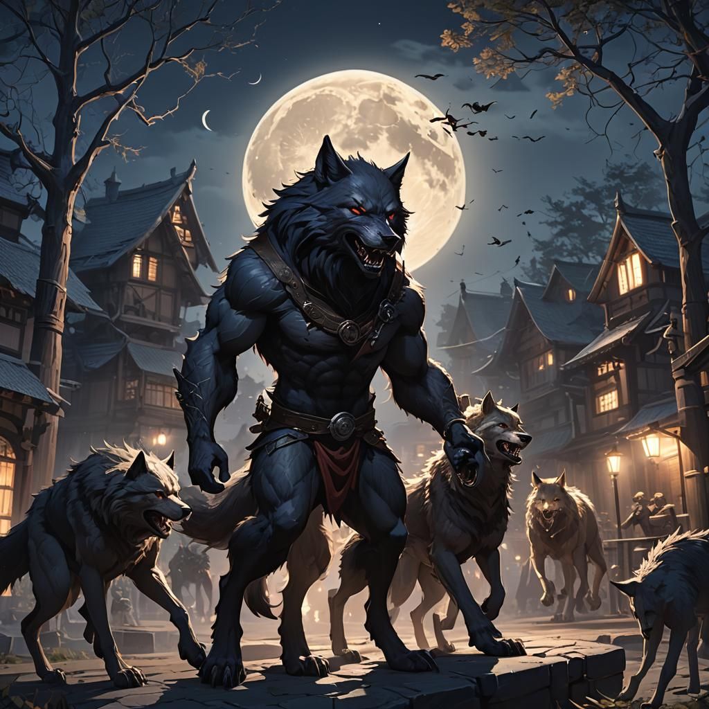 Surreal 3D Anime Werewolves Under Full Moon