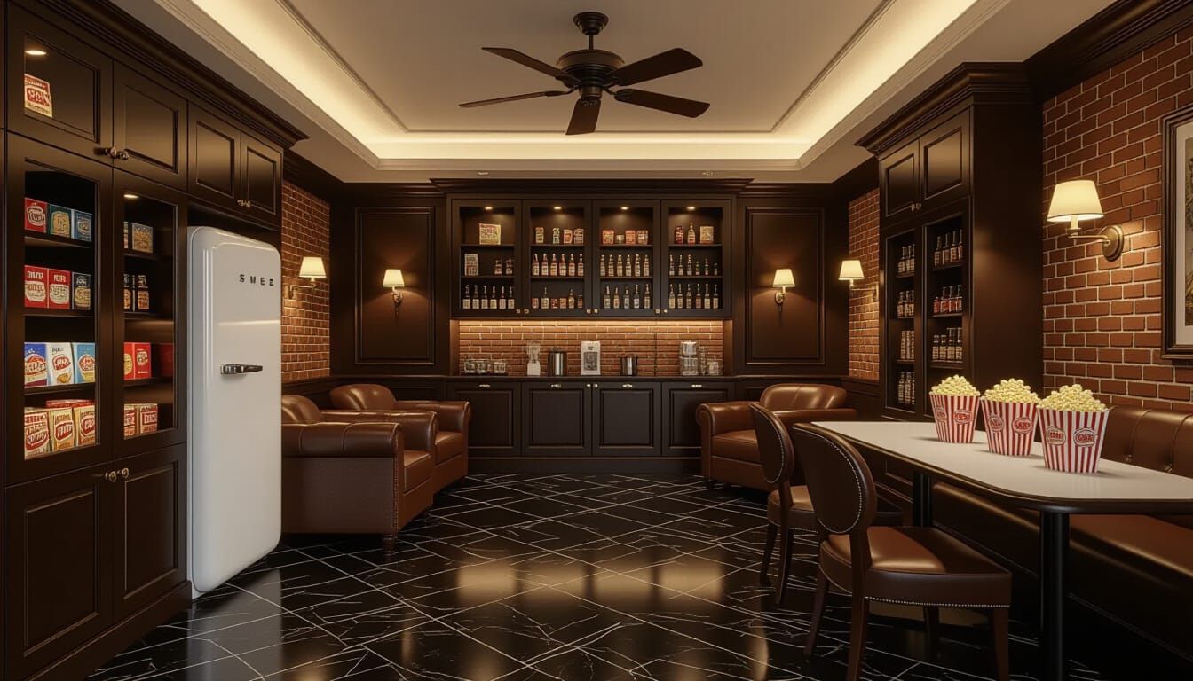 Victorian Movie Room with Smeg Fridge and Plush Seating