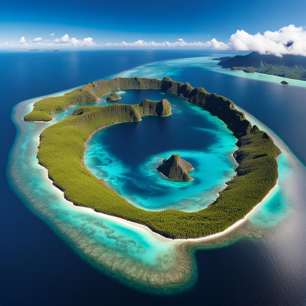 Tropical Atoll Landscape with Volcano and Palm Trees