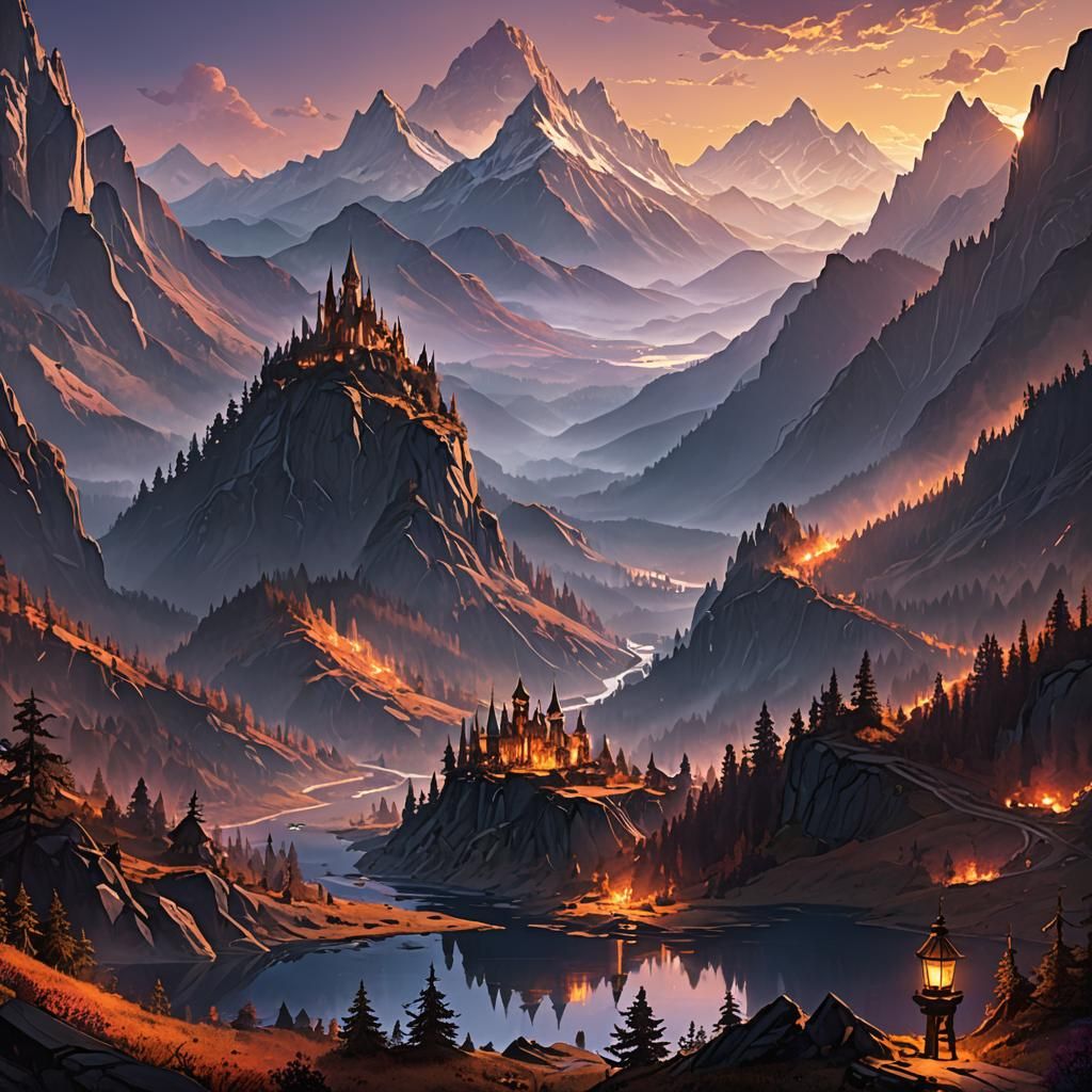 Volumetric Fantasy Landscape with Mystic Mountains