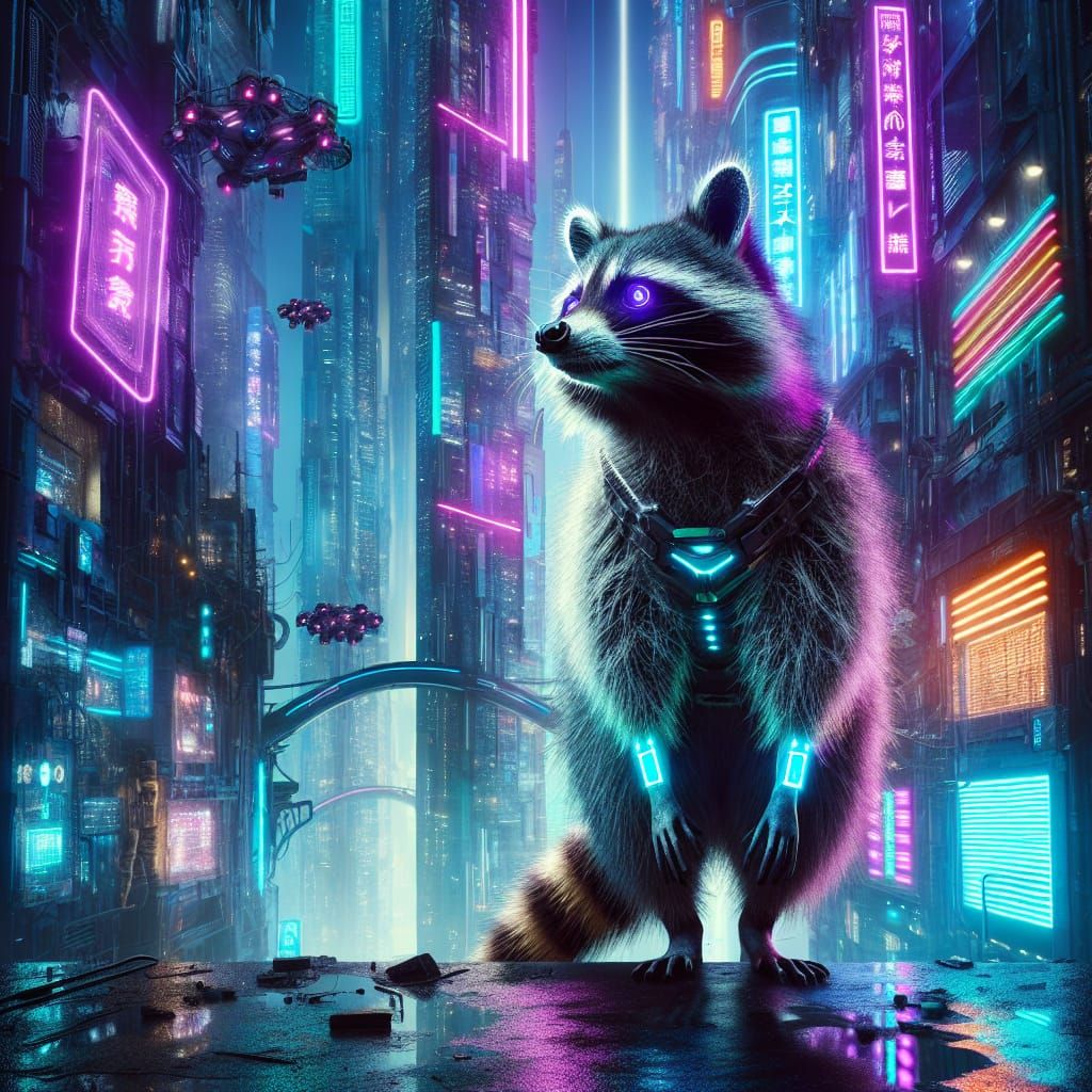Cyberpunk Raccoon Amidst Neon Metropolis