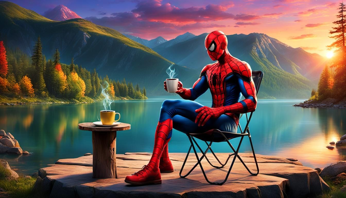 Fantasy Spiderman Interacts with Iron Man in Vibrant Sunset...