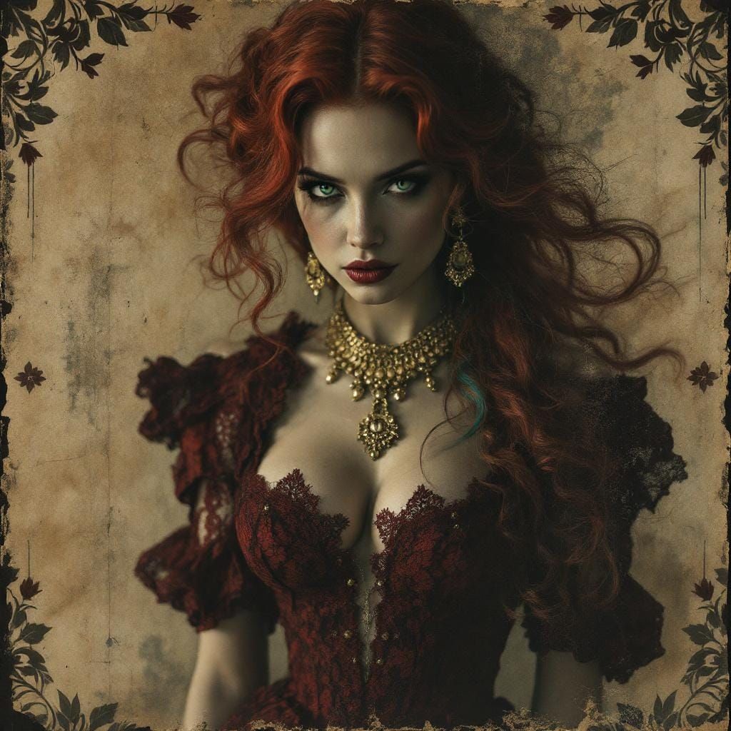 Striking Woman in Vintage Style with Red and Teal Hair