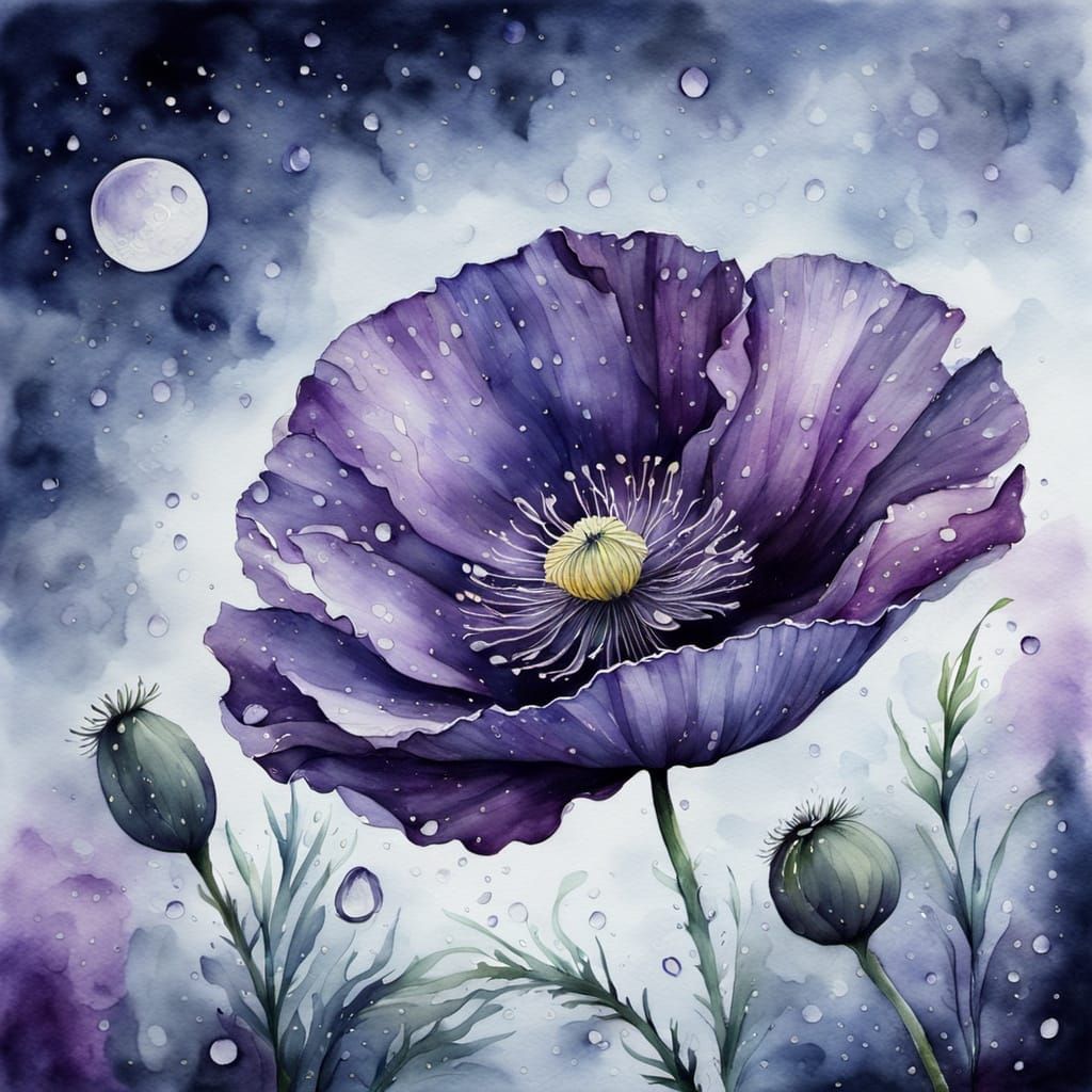Purple Poppy Watercolor Painting with Moonlight