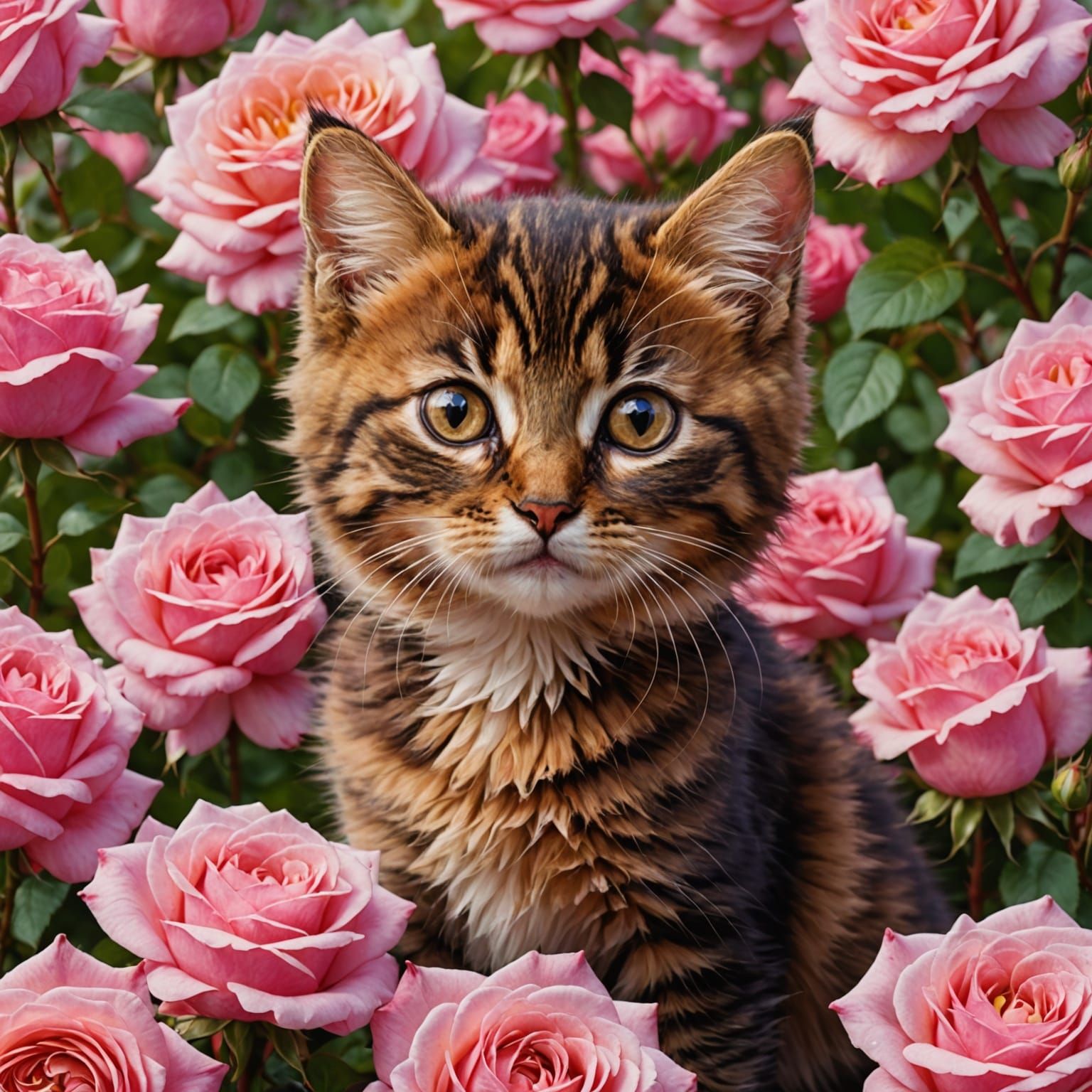 Vibrant Kitten Amidst Blooming Roses in Whimsical Style