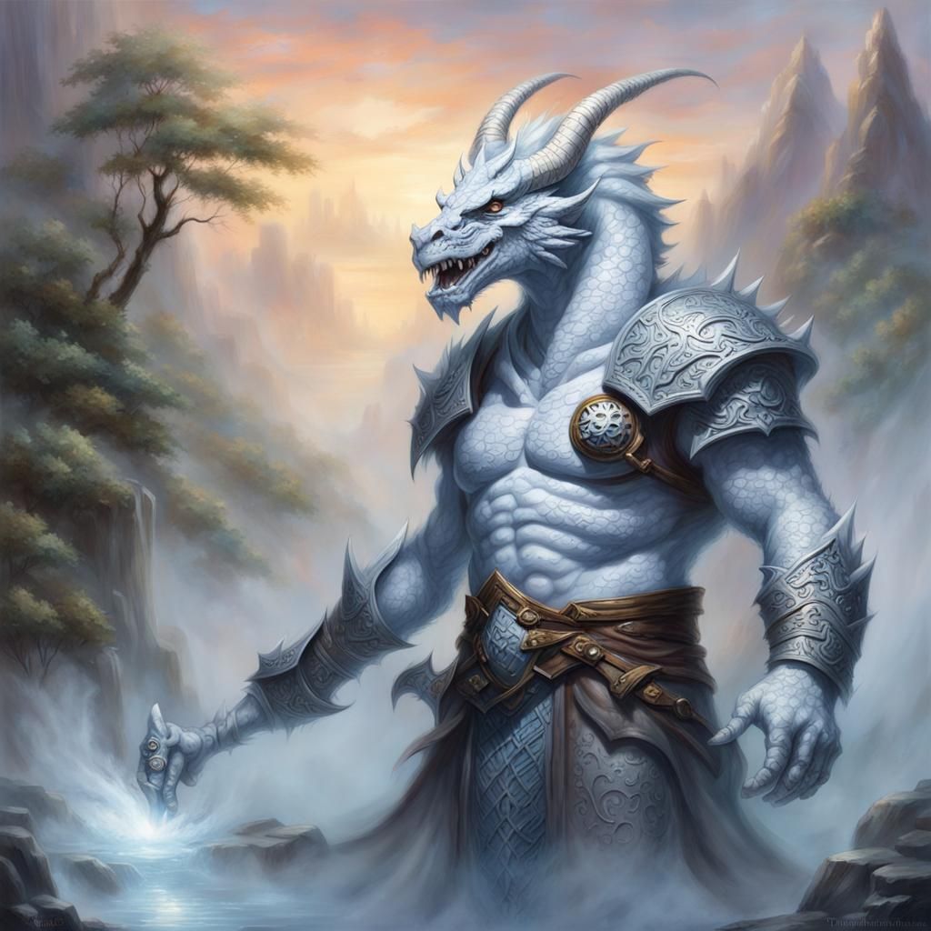 Ethereal Fantasy Dragonborn Barbarian in Misty Hyperdetailed...