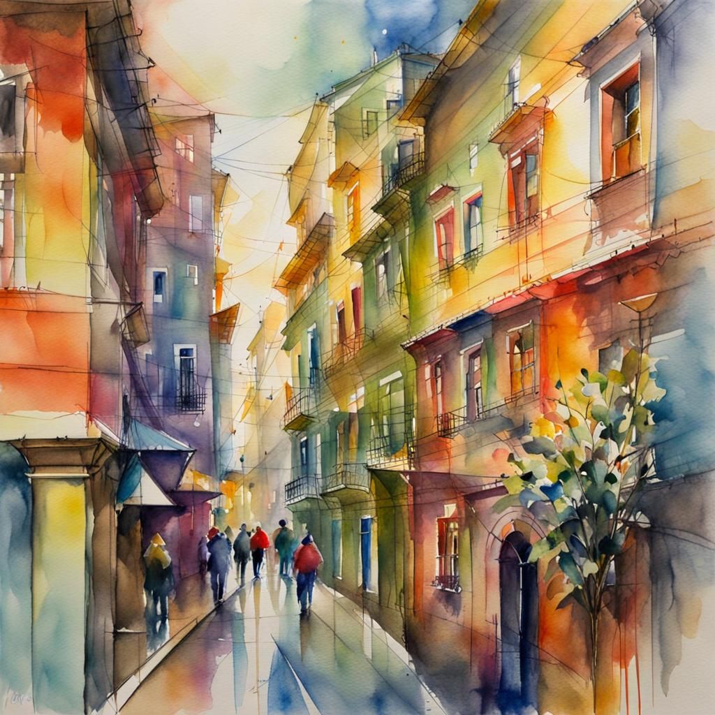Whimsical Cityscape in Pastel Watercolour