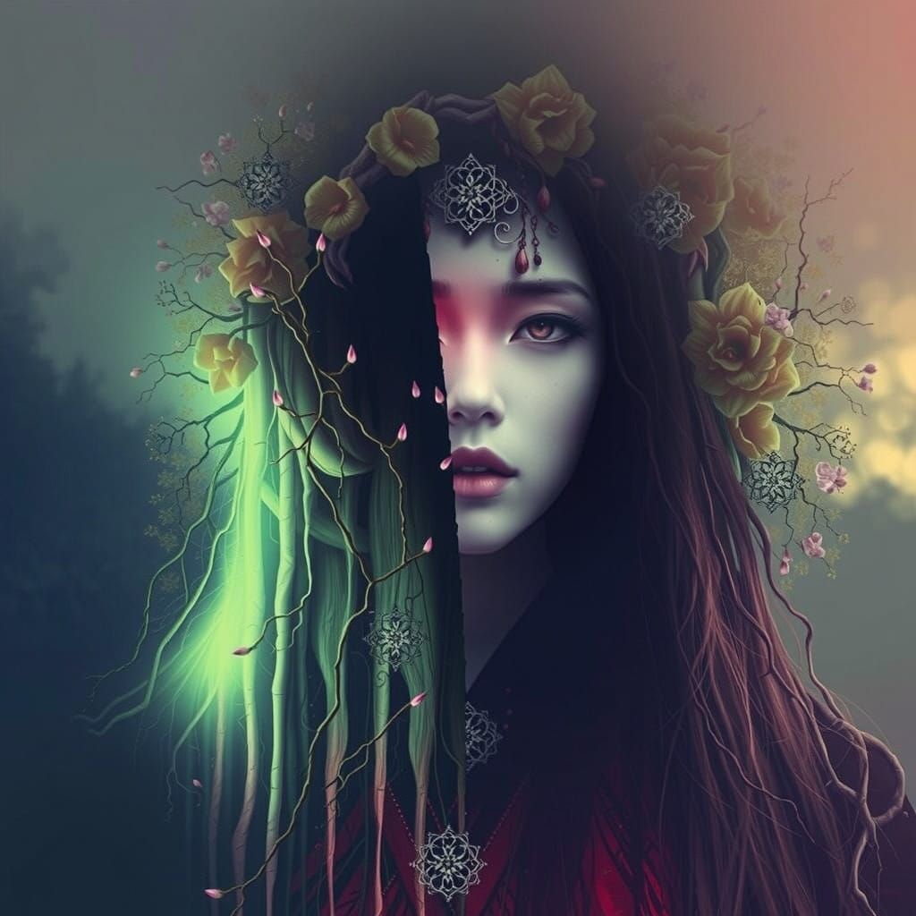 Ethereal Dryad in Kabuki-Inspired Kimono Amidst Whispers of...