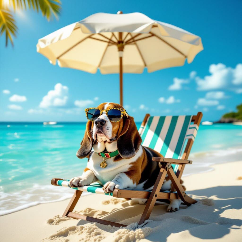 Basset Hound Lounging in Gucci Sunglasses on Tropical Beach