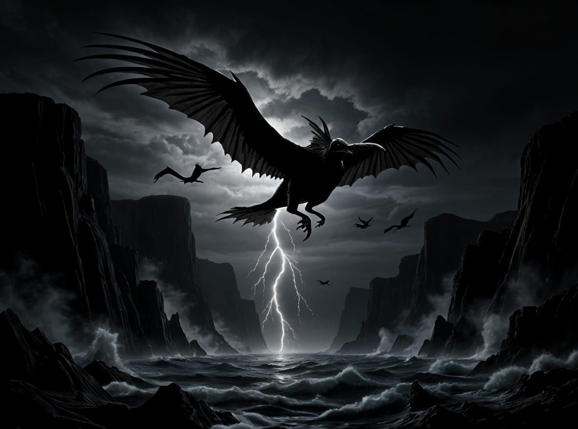 Pteranodon Silhouette over Jurassic Cliffs, in Burton Style