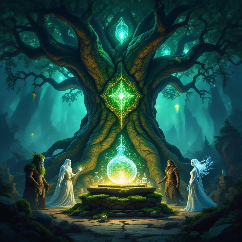Alchemical Sanctum in Bioluminescent World Tree