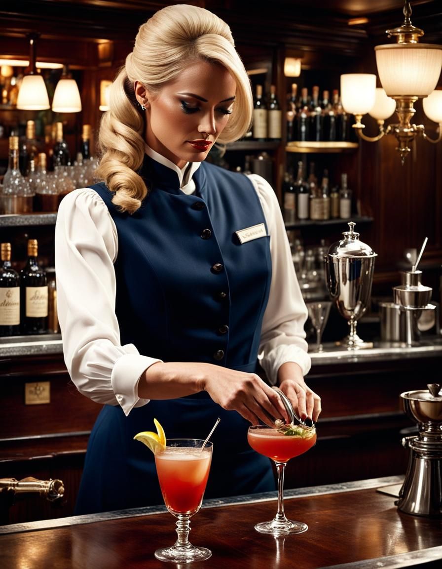 a charming 30-year-old bartender girl crafting a Rossini Cocktail Harry's Bar