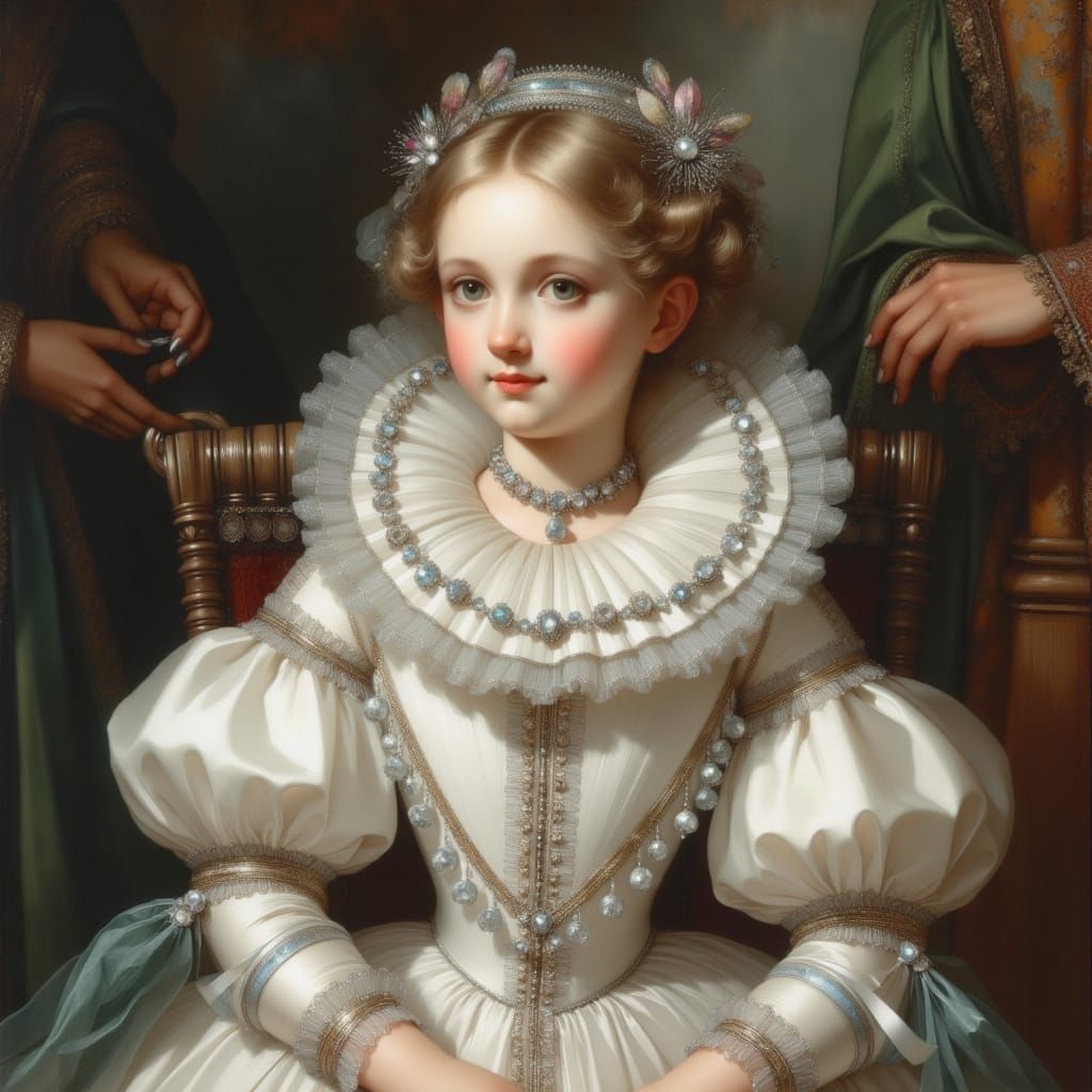 Elegant Lady in 17th Century Attire with Rich Ornamentation