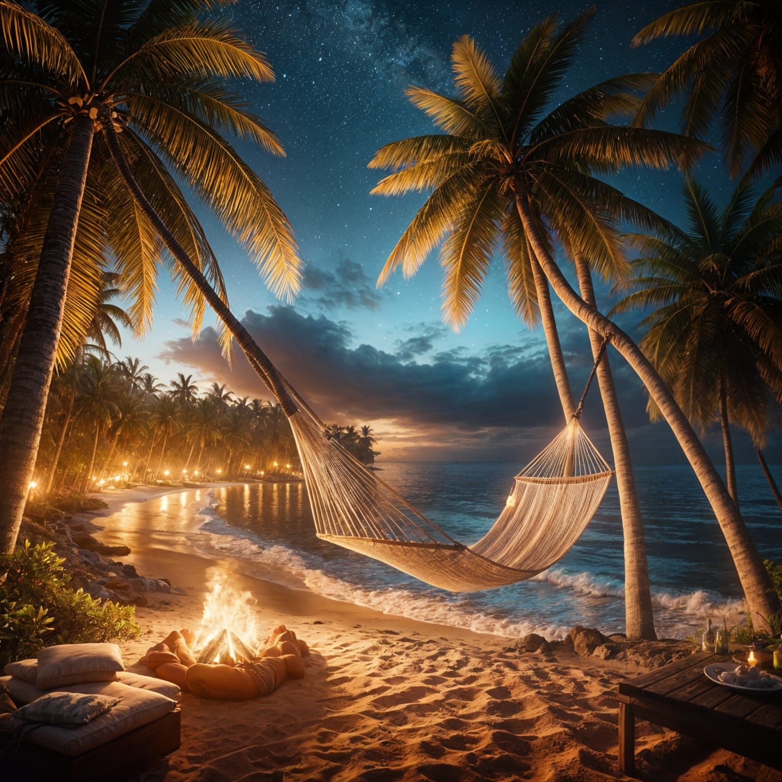 Tranquil Seaside Hammock Under Starlit Sky