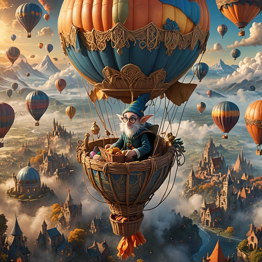 Fantasy Concept Art of Elf Inventor in Vibrant Flying Hot Ai...