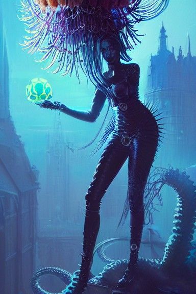 Gothic Jellyfish Goddess in Dark, Elaborate Surrealist Art