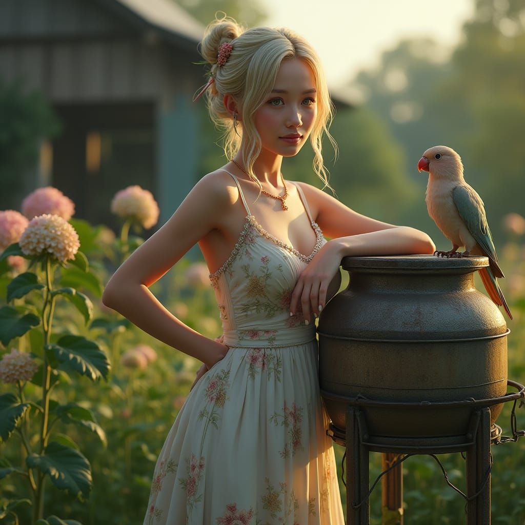 Elegant Woman Surrounded by Hydrangeas and Tiny Parrots in a...