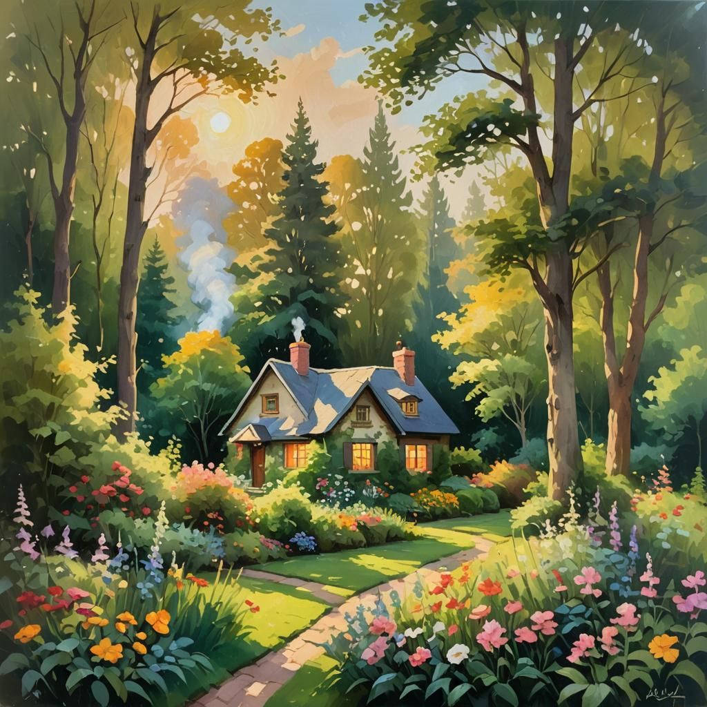 Idyllic Cottage Scene in Whimsical Impressionist Style
