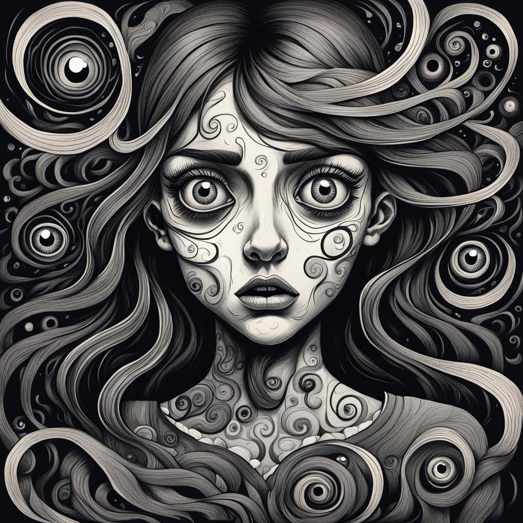 Terrified Woman in Cartoonish Nightmare Portrait