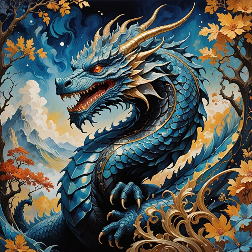 Majestic White and Black Dragon in Impressive Gouache Style