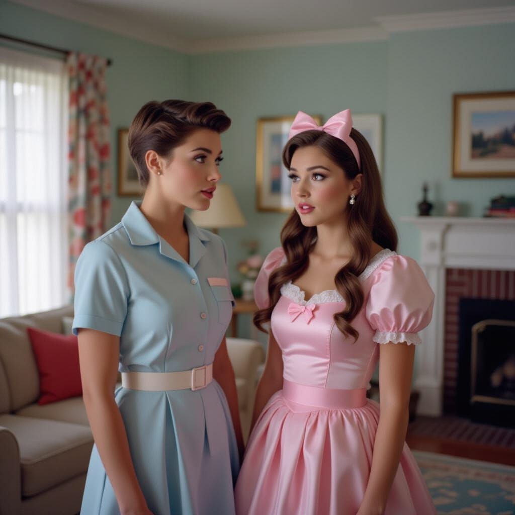 Surprised Young Man in Girl's Outfit, Cinematic Living Room