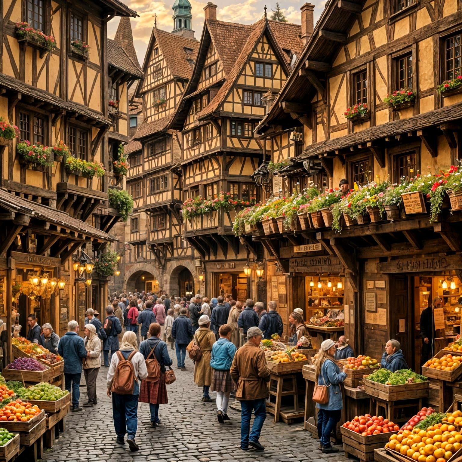 Medieval German Market Scene in Vibrant Hues
