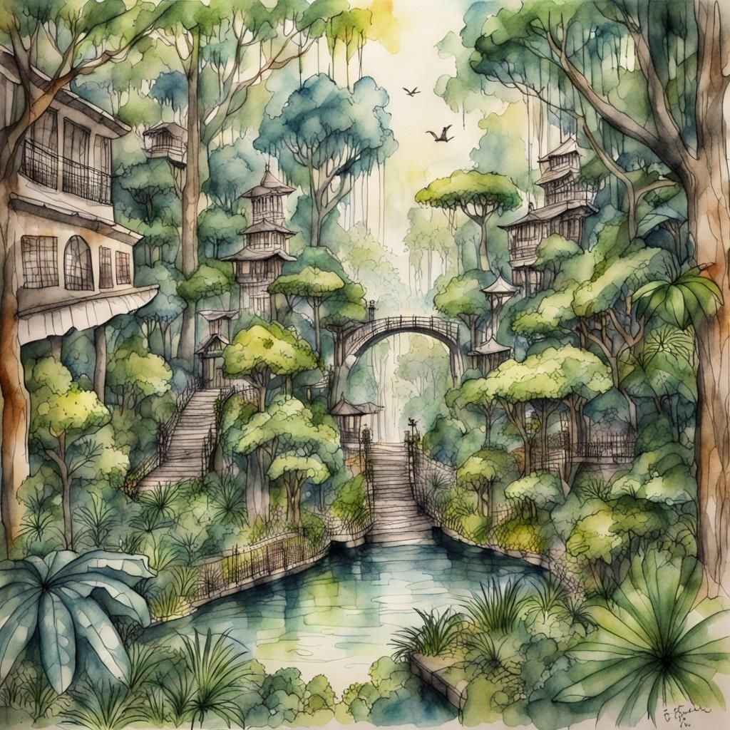 Wonderful Utopian Paradise in Ancient Rainforest Garden
