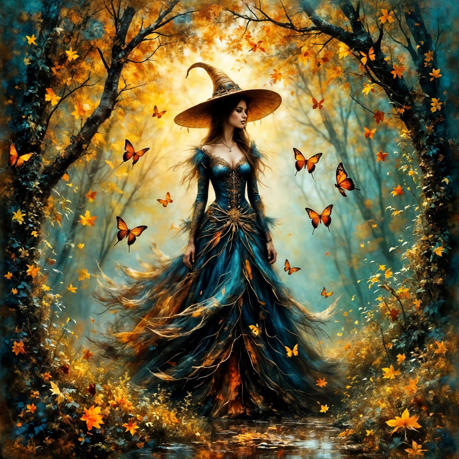Witch in Ethereal Autumn Forest with Butterflies