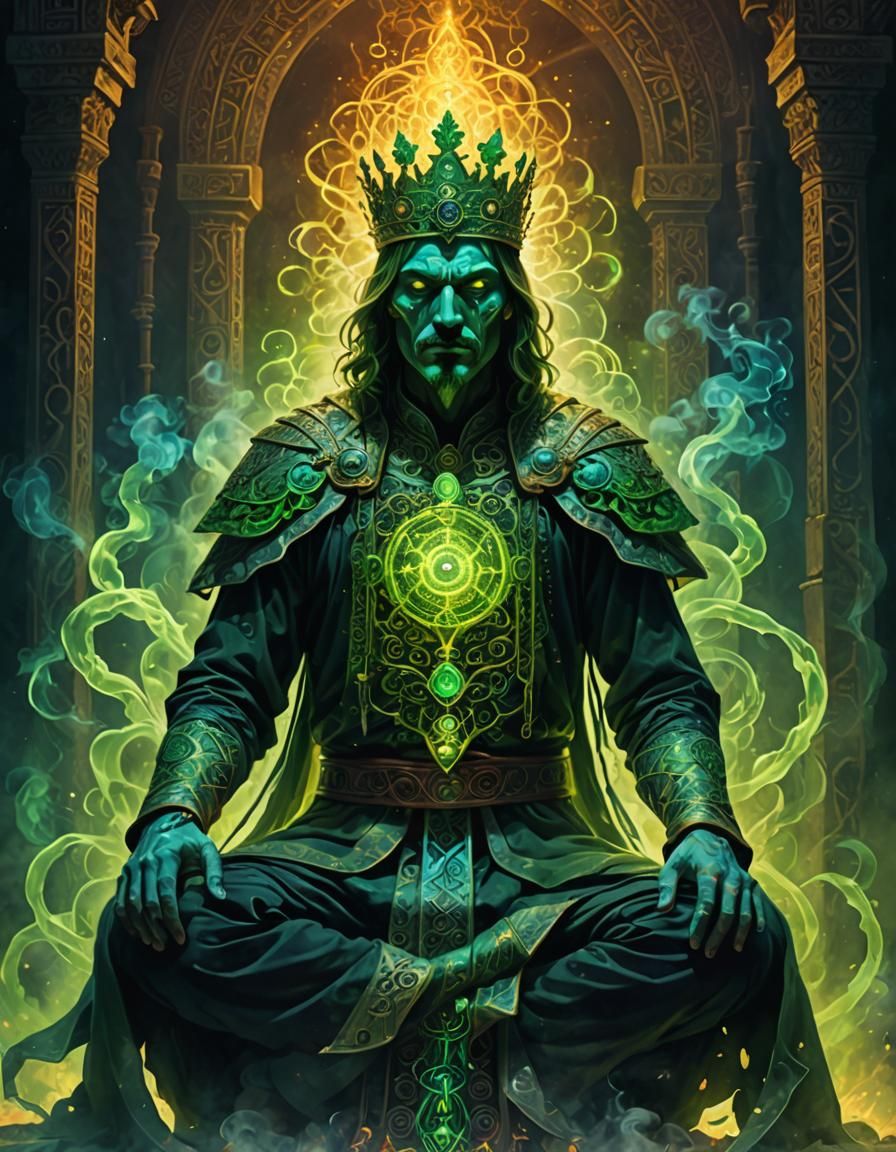Mysterious Figure in Vibrant, Misty Fantasy Realm