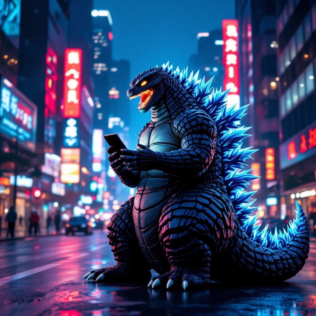 Godzilla Uses iPhone Amidst Neon Cityscape