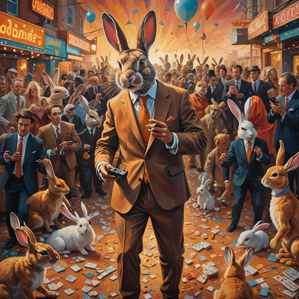 Surrealist Rabbit Confronts Whirlwind Carnival Scene