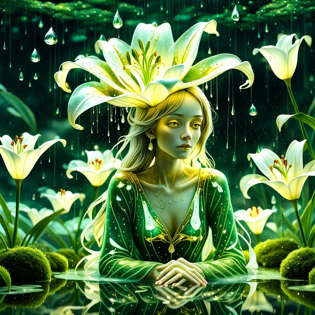 Soft Glass Woman in Glowing Lily, Vibrant Moss, and Faintly...