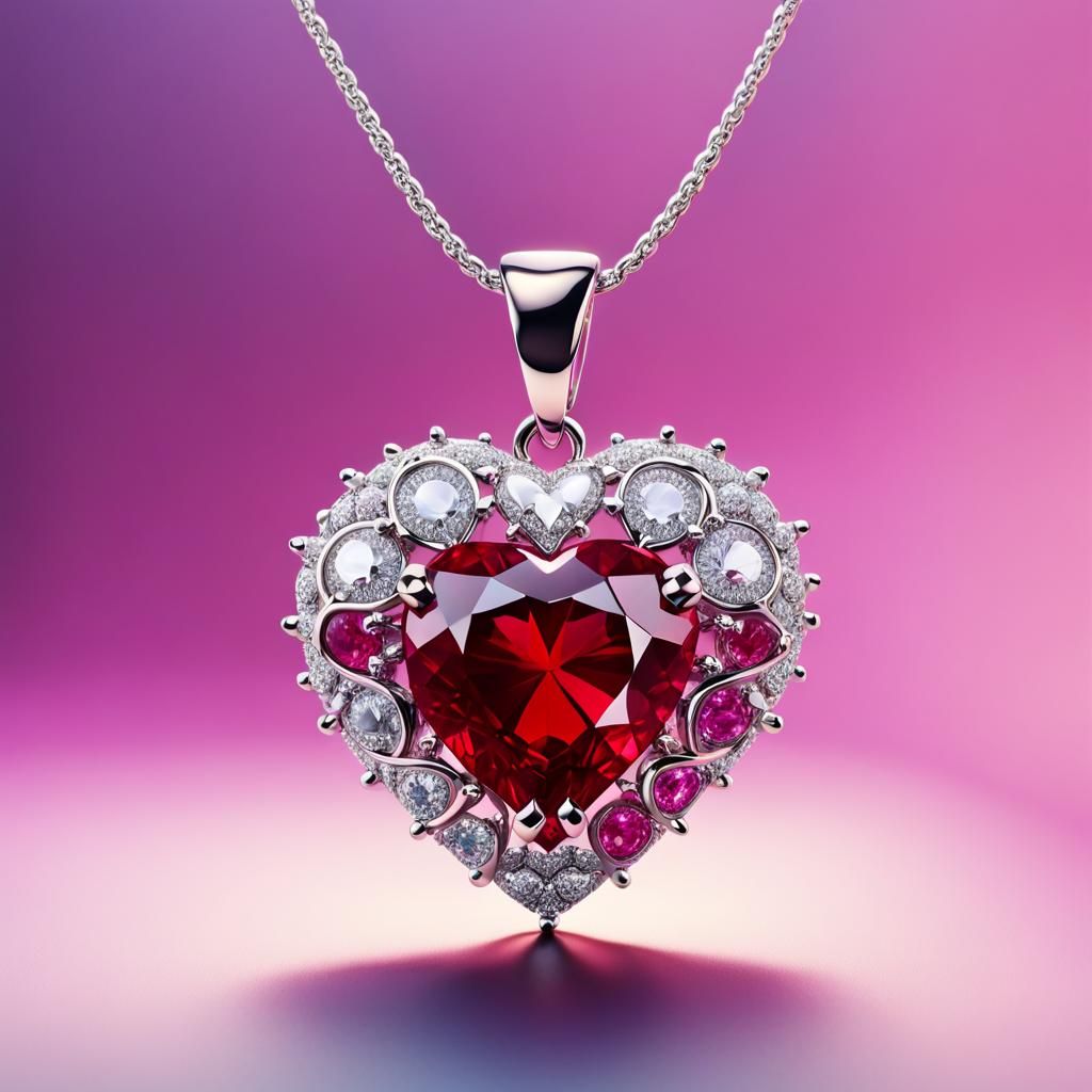 Hyperrealistic Heart Pendant in Vibrant Ruby and Diamond Det...
