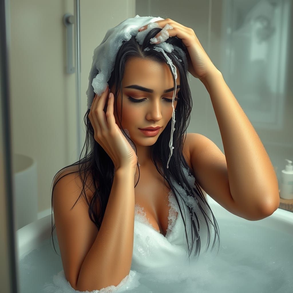 Woman in Steamy Bath Covered in Shampoo Froth