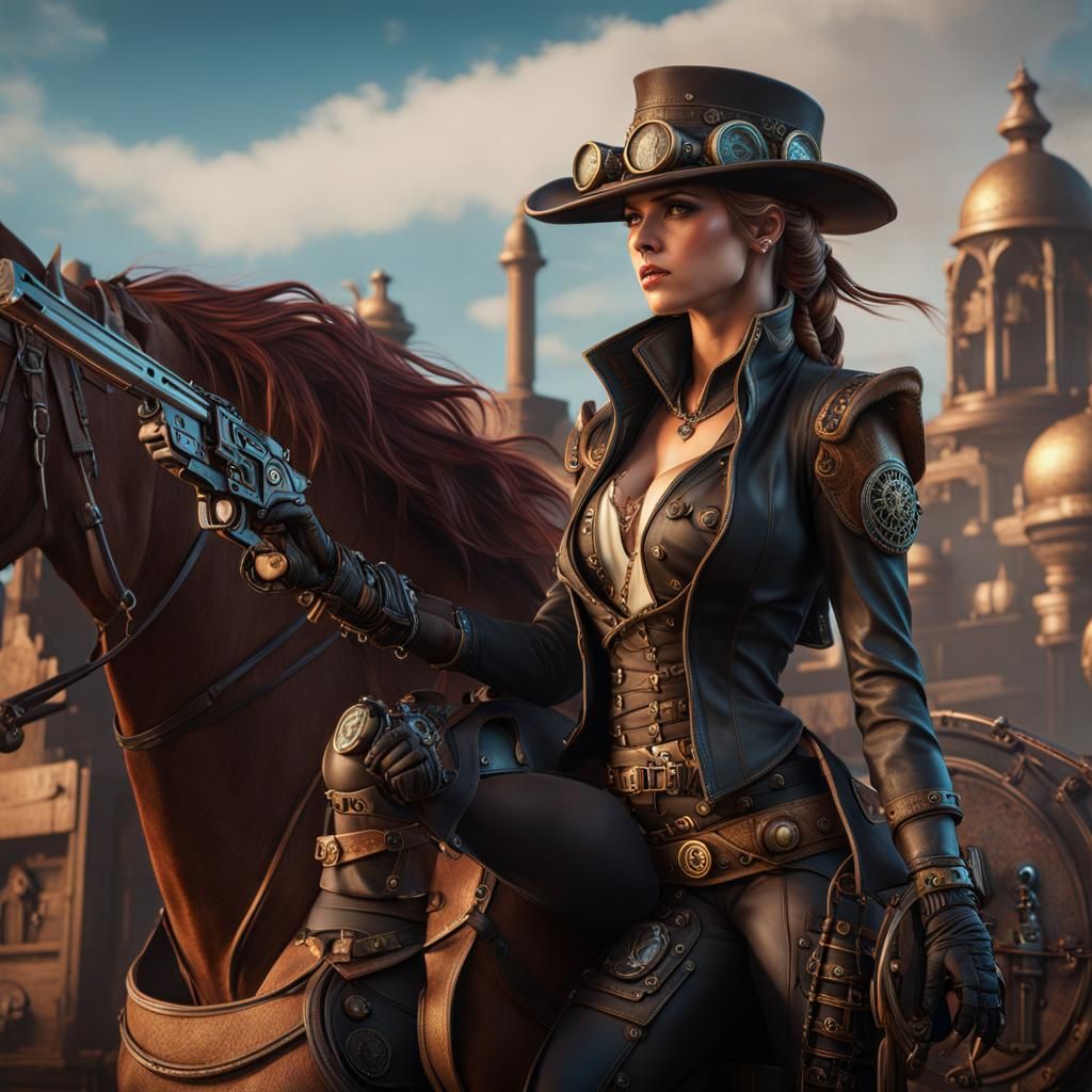 Magnificent Cyberpunk Gunslinger in Steam Punk Elegance