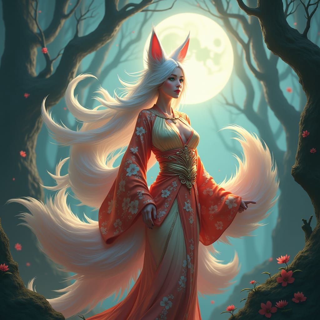 Mystical Kitsune Goddess with 9 Tails in Traditional Japanes...